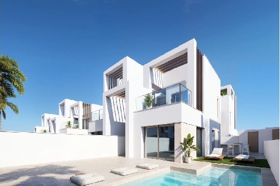 Eck-Reihenhaus in Los Alcazares zu verkaufen, Wohnfläche 146 m², Zustand Erstbezug, Klimaanlage, Grundstück 177 m², 3 Schlafzimmer, 2 Badezimmer, Pool, ref.: HA-LAN-480-Q01-1